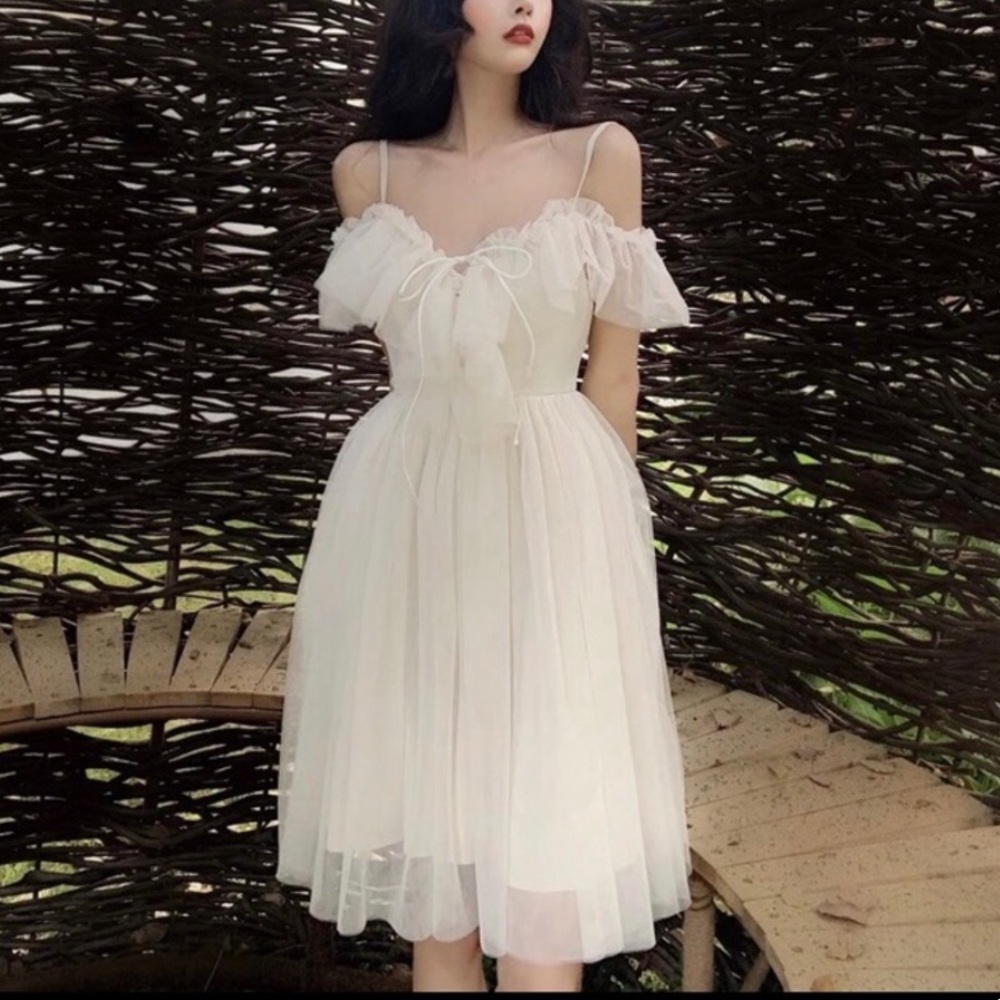 Lace dress Ruffle off shoulder womens lace up cream beige - Picture 2 of 14
